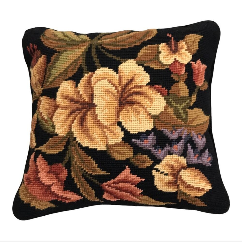 Vintage Floral Black & Cream Pillow Needlepoint Tapestry Keeco 1987